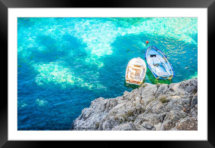 Beautiful view of two rowboats at coast with turqu Framed Mounted Print by Alex Winter