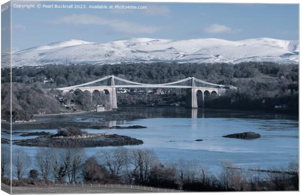 Menai Strait and Mountains from Anglesey Canvas Print by Pearl Bucknall