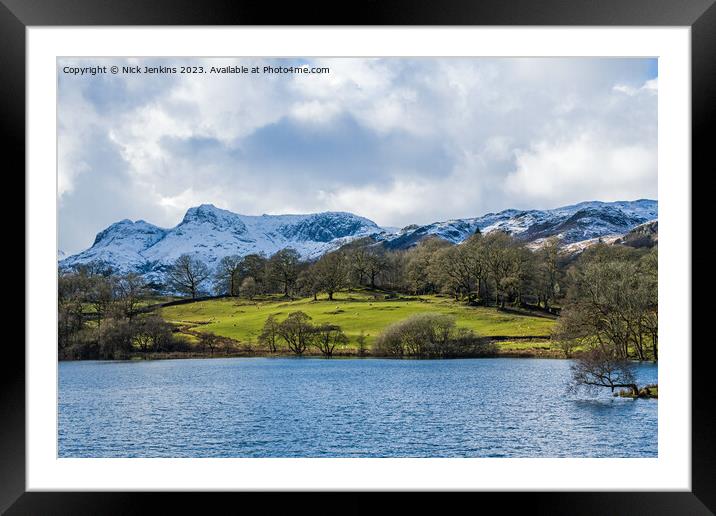 Langdale Pikes under Snow from Loughrigg Tarn Framed Mounted Print by Nick Jenkins