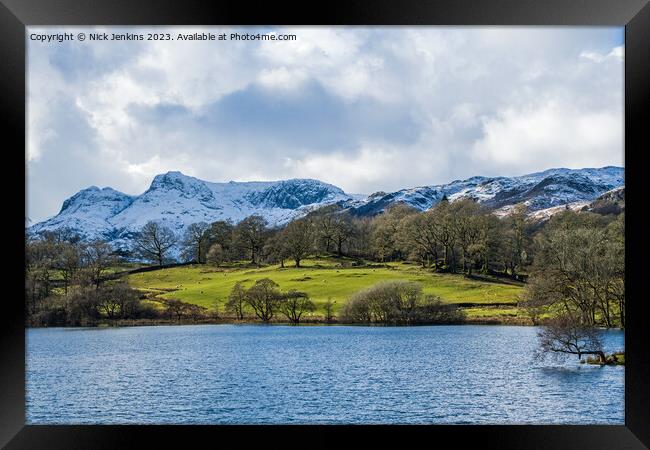 Langdale Pikes under Snow from Loughrigg Tarn Framed Print by Nick Jenkins