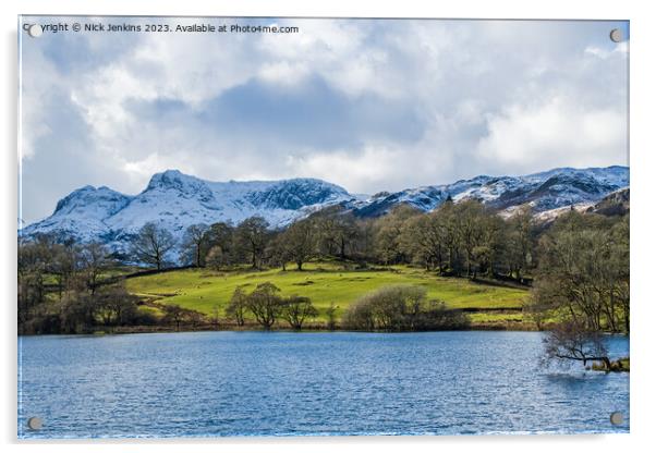 Langdale Pikes under Snow from Loughrigg Tarn Acrylic by Nick Jenkins