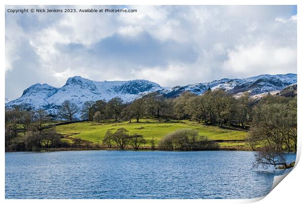 Langdale Pikes under Snow from Loughrigg Tarn Print by Nick Jenkins