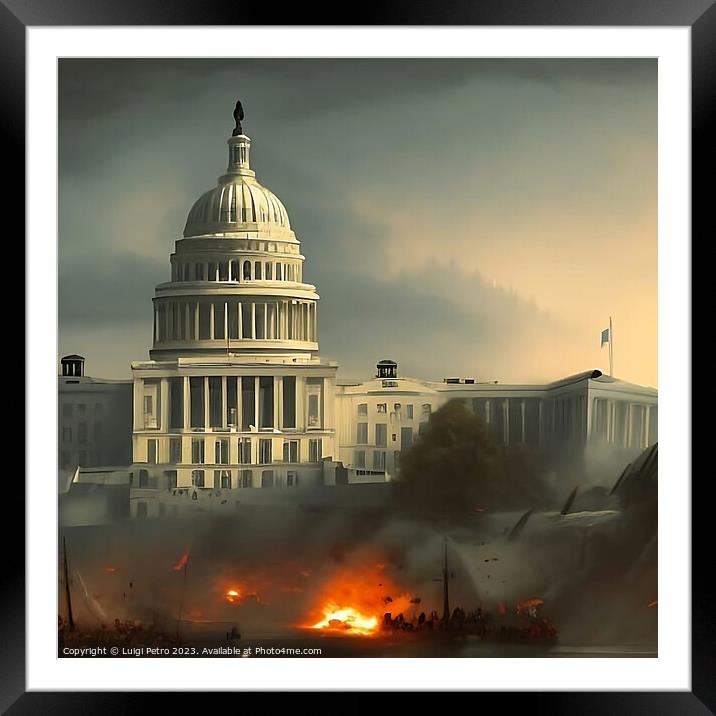 Washington Capitol Hill on fire. Framed Mounted Print by Luigi Petro