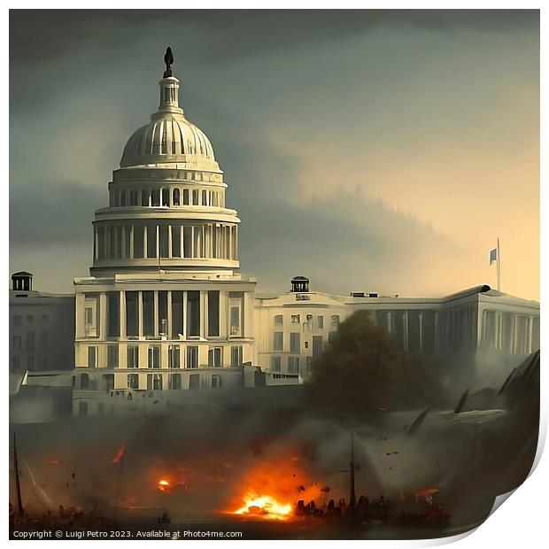 Washington Capitol Hill on fire. Print by Luigi Petro