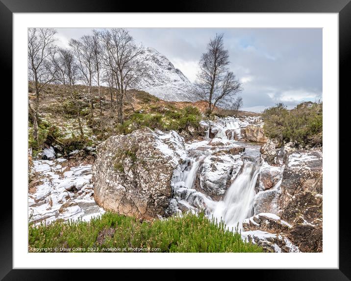 Partly frozen Waterfall on the River Coupall with Buachaille Etive Mor and Stob Deargin the background,  Glen Coe, Highlands, Scotland Framed Mounted Print by Dave Collins
