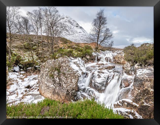 Partly frozen Waterfall on the River Coupall with Buachaille Etive Mor and Stob Deargin the background,  Glen Coe, Highlands, Scotland Framed Print by Dave Collins