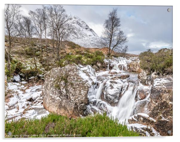 Partly frozen Waterfall on the River Coupall with Buachaille Etive Mor and Stob Deargin the background,  Glen Coe, Highlands, Scotland Acrylic by Dave Collins