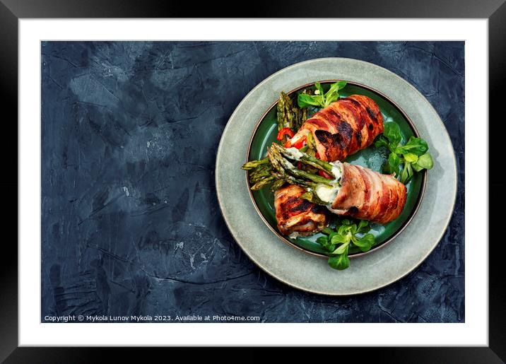 Bacon meat roll stuffed with asparagus. Framed Mounted Print by Mykola Lunov Mykola