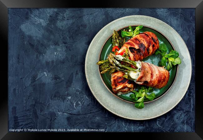 Bacon meat roll stuffed with asparagus. Framed Print by Mykola Lunov Mykola
