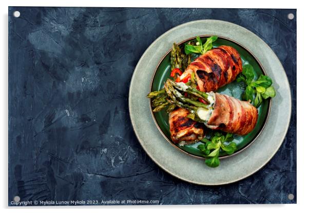 Bacon meat roll stuffed with asparagus. Acrylic by Mykola Lunov Mykola
