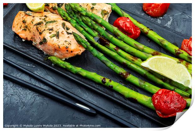 Salmon with asparagus, healthy lunch Print by Mykola Lunov Mykola