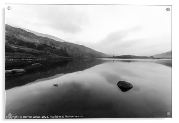 Llynnau Mymbyr Snowdonia Wales Black and White  Acrylic by Darren Wilkes