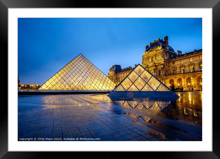 Blue and Gold - Louvre Museum Pyramid "blue hour" Framed Mounted Print by Chris Mann