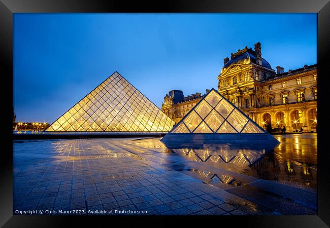 Blue and Gold - Louvre Museum Pyramid "blue hour" Framed Print by Chris Mann