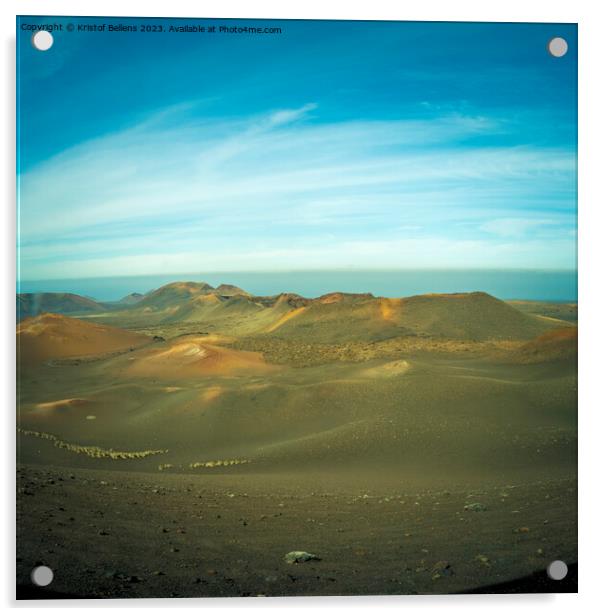 View on the volcanic landscape of Timanfaya National Park on the Canary Island of Lanzarote in Spain. Acrylic by Kristof Bellens