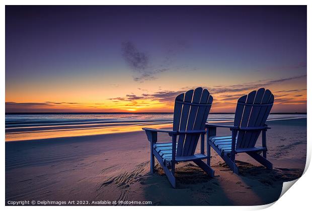 Beach chairs at sunset Print by Delphimages Art