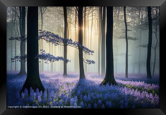 Bluebells woods, misty forest Framed Print by Delphimages Art