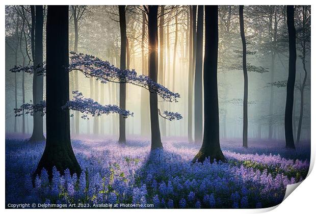 Bluebells woods, misty forest Print by Delphimages Art