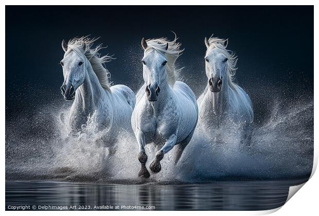 Camargue white horses running Print by Delphimages Art