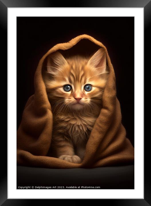 Ginger kitten in a blanket Framed Mounted Print by Delphimages Art