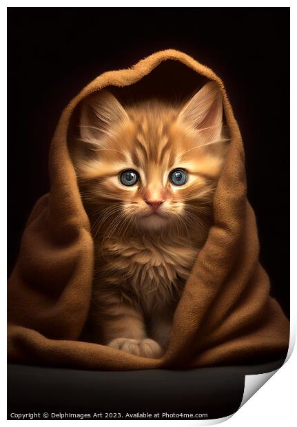 Ginger kitten in a blanket Print by Delphimages Art