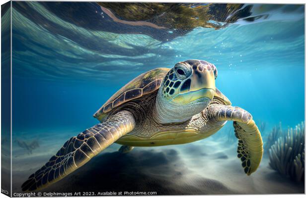 Green sea turtle underwater Canvas Print by Delphimages Art
