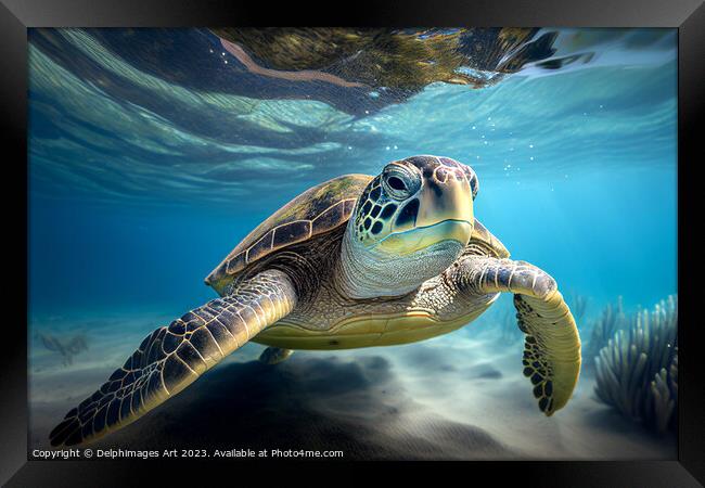 Green sea turtle underwater Framed Print by Delphimages Art