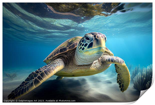 Green sea turtle underwater Print by Delphimages Art