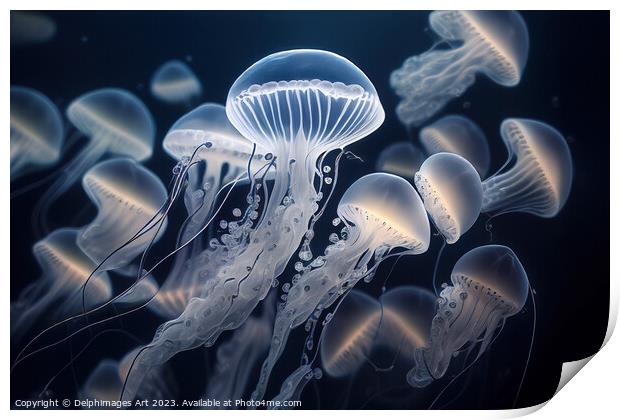 Jellyfishes underwater ballet Print by Delphimages Art