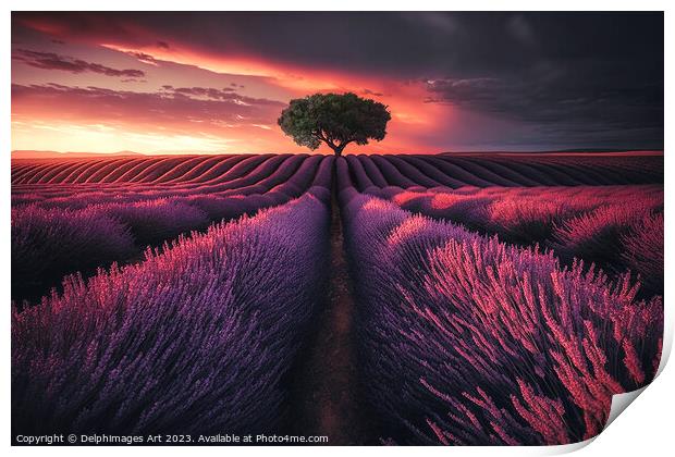 Lavender field at sunset Print by Delphimages Art