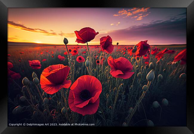 Red poppy field at sunset Framed Print by Delphimages Art