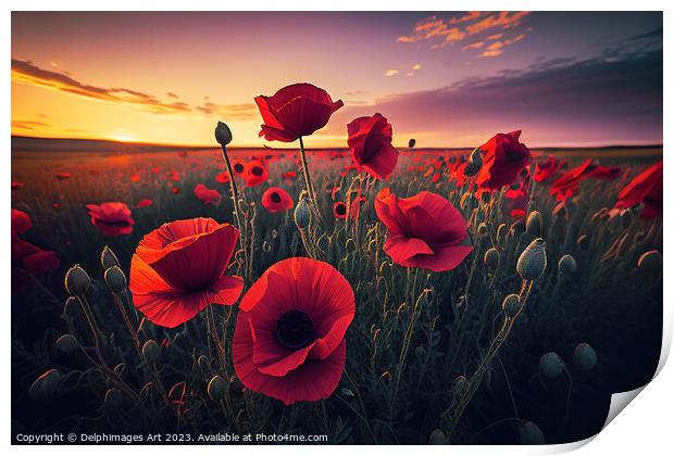 Red poppy field at sunset Print by Delphimages Art