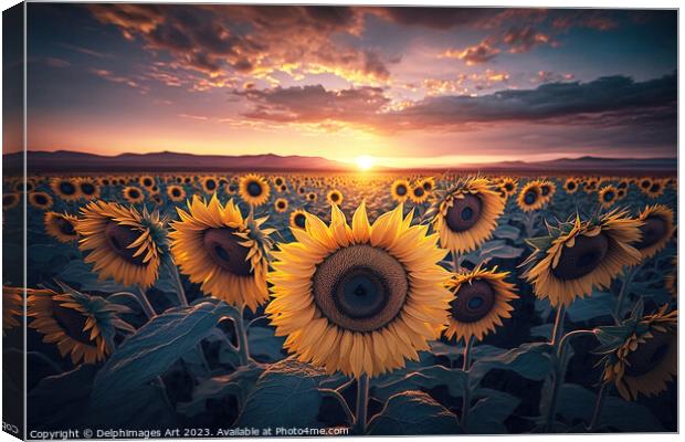 Sunflower field at sunset Canvas Print by Delphimages Art