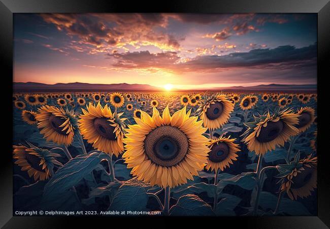 Sunflower field at sunset Framed Print by Delphimages Art