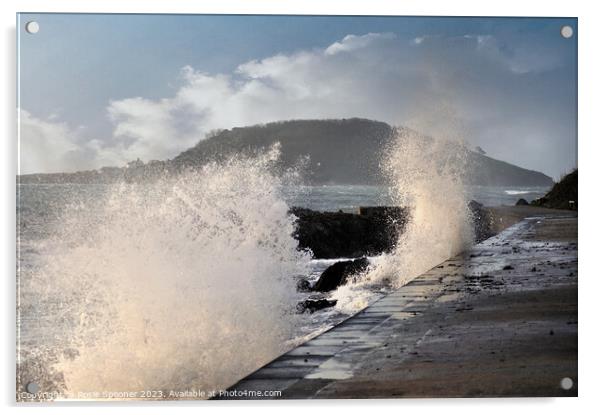 Large waves at Hannafore Looe Acrylic by Rosie Spooner