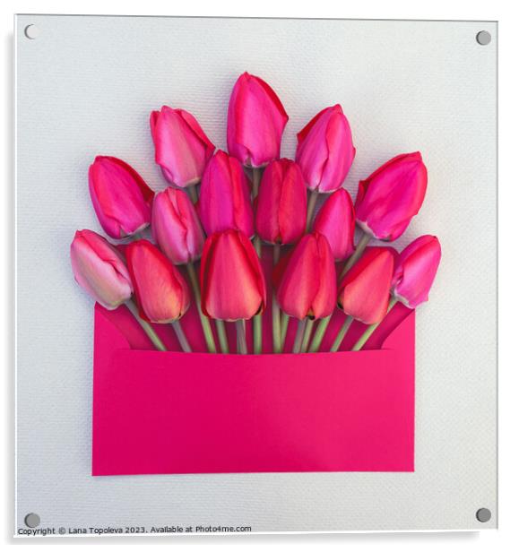  bouquet of  pink and red tulips in an envelope Acrylic by Lana Topoleva