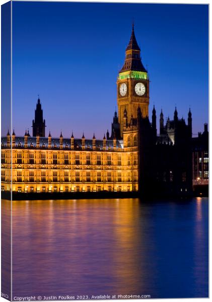 Parliament and Big Ben at night, London Canvas Print by Justin Foulkes