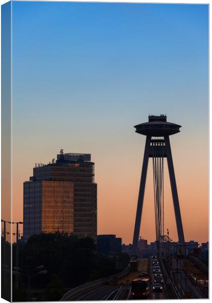 Most SNP and Aupark Tower in Bratislava at Sunset Canvas Print by Artur Bogacki