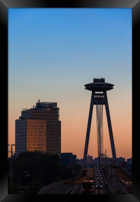 Most SNP and Aupark Tower in Bratislava at Sunset Framed Print by Artur Bogacki