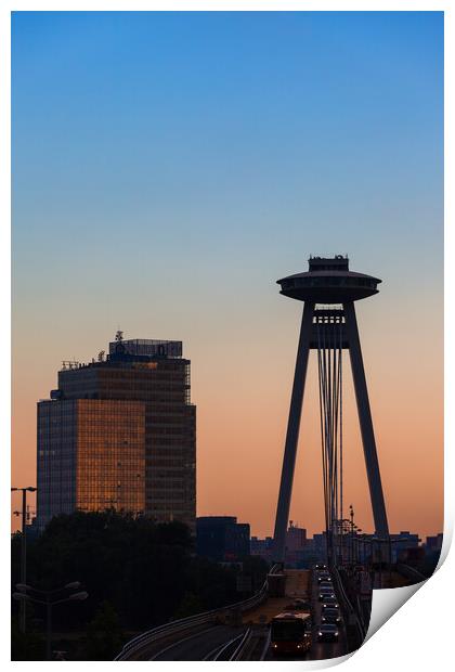 Most SNP and Aupark Tower in Bratislava at Sunset Print by Artur Bogacki
