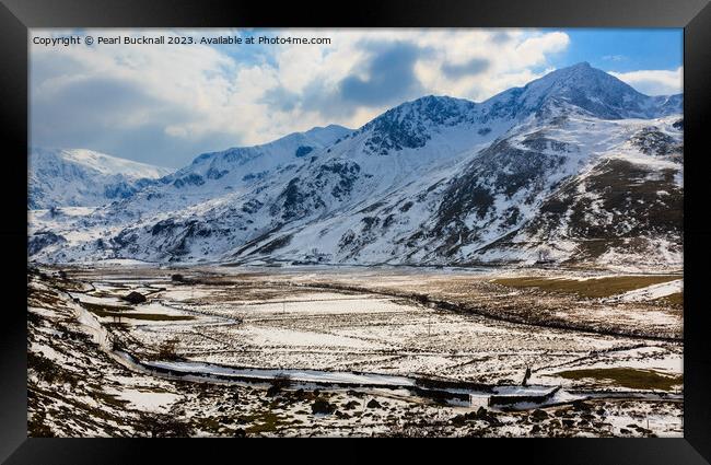 Snow in Snowdonia Mountain Landscape Framed Print by Pearl Bucknall