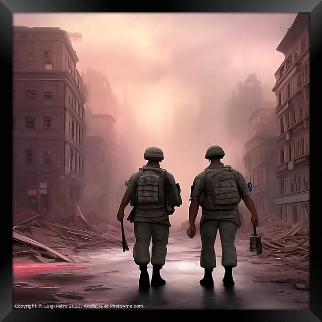Two soldiers on patrol advancing through a city in Framed Print by Luigi Petro