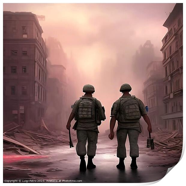 Two soldiers on patrol advancing through a city in Print by Luigi Petro