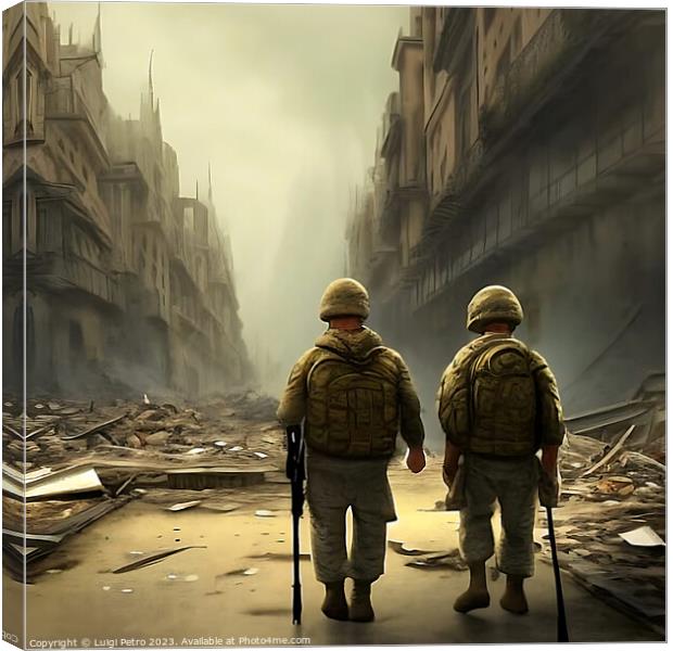 Two soldiers on patrol advancing through a city in Canvas Print by Luigi Petro