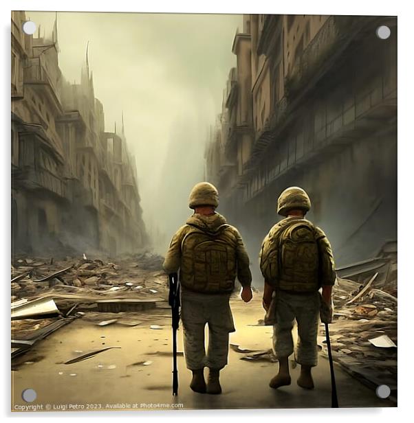 Two soldiers on patrol advancing through a city in Acrylic by Luigi Petro