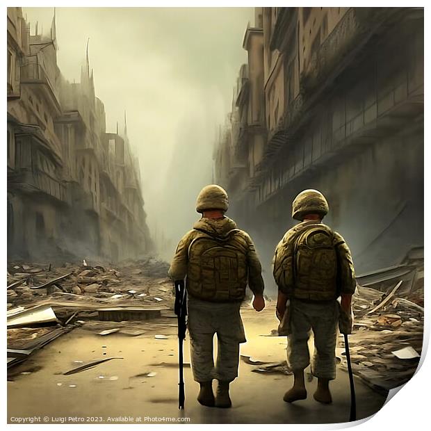 Two soldiers on patrol advancing through a city in Print by Luigi Petro