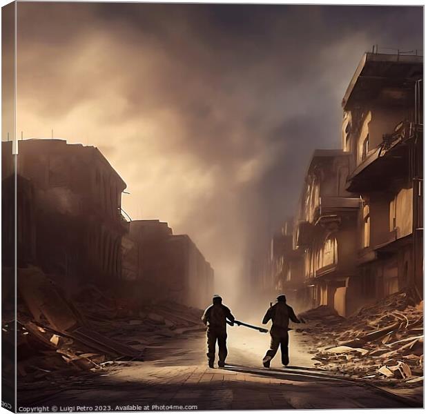 Two soldiers on patrol advancing through a city in Canvas Print by Luigi Petro