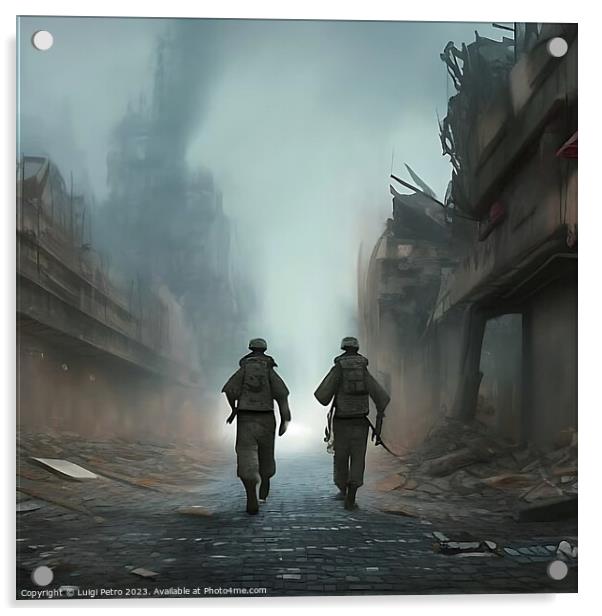 Two soldiers on patrol advancing through a city in Acrylic by Luigi Petro