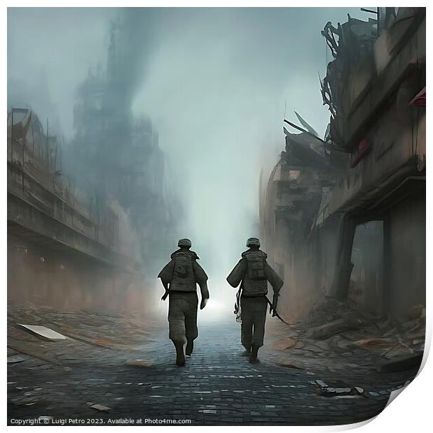 Two soldiers on patrol advancing through a city in Print by Luigi Petro