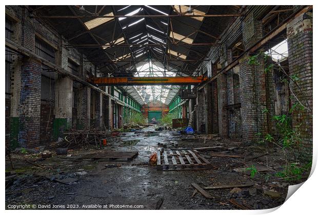 Abandoned warehouse with overhead crane Print by David Jones
